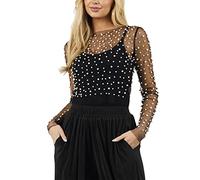 Mesh Oberteil Damen Glitzer Netzoberteil Damen Durchsichtiges Oberteil Langarm Glitzer Durchsichtiges Shirt mit Perlen Sexy Transparentes Mesh Tops Fishnet Sheer Bluse Party (Black, XL)