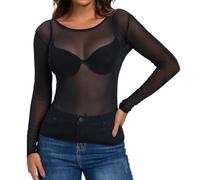 Mesh Oberteil Damen Schwarz, Netz Shirt Damen Langarm für Festival Outfit | Transparentes Langarm Mesh Oberteil mit Rundhals, elastisch und leicht für Festival, Party, Club und Layering Looks.
