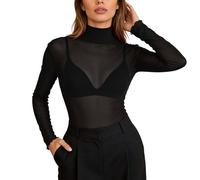 Mesh Oberteil Damen Sexy Transparentes Langarmshirt Netz Durchsichtige T-Shirt Clubwear Sheer Top Party Tunika figurbetontes Rollkragen Netzoberteil Casual Bluse