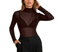 Mesh Oberteil Damen Sexy Transparentes Langarmshirt Netz Durchsichtige T-Shirt Clubwear Sheer Top Party Tunika figurbetontes Rollkragen Netzoberteil Casual Bluse