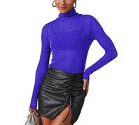 Mesh Oberteile Damen Glitzer Durchsichtig Netzoberteil Transparentes Langarmshirt Sexy Mesh Sheer Shirt Clubwear Party Tops（9375M,Königsblau）