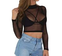 Mesh Oberteile Damen Transparent - Crop Tops Damen Sexy T Shirt Langarm Tüll Bluse Seamless Arm Shaper Top Netzoberteil Durchsichtige Unterhemd Pullover Party Oberteil T-Shirts für Frauen