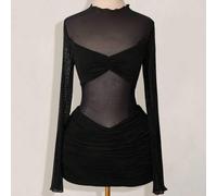 Mesh Patchwork transparentes gerafftes Minikleid mit Langarm