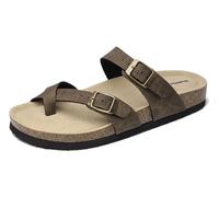 Mesing Pantoletten Zehentrenner Damen Herren mit Kork Fussbett Bequeme Orthopädische Slide Sandalen Flach Sommer Hausschuhe mit Verstellbare Schnalle XZ901-RetroCamel-EU39