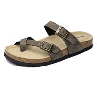 Mesing Pantoletten Zehentrenner Damen Herren mit Kork Fussbett Bequeme Orthopädische Slide Sandalen Flach Sommer Hausschuhe mit Verstellbare Schnalle XZ901-RetroGrey-EU41