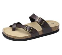 Mesing Pantoletten Zehentrenner Damen Herren mit Kork Fussbett Bequeme Orthopädische Slide Sandalen Flach Sommer Hausschuhe mit Verstellbare Schnalle XZ901-Brown-EU38