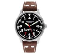 Messerschmitt Herren Fliegeruhr ME-109 109-42R7 - schwarzes Zifferblatt, Fluoreszierende Zeiger, Mineralglas, Edelstahlgehäuse 42 mm, braunes Büffellederband, Automatikwerk