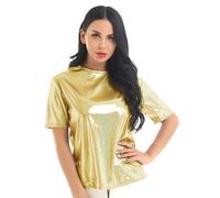 Metallic Faschingshirt Damen, Pailletten Oberteile Damen, Pailletten Oberteile Karnevals Outfits Glitzer Oberteile Glitzernde Kurze Ärmel Party Glitzer Shirts schulterfreie Glitzer (01 Gold, L)