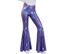 Metallic Glänzend Schlaghose Damen Glitzer Leggings Retro Disco Pants Hoher Bund Hippie Palazzo Hose Karneval Kostüm Jazz Tanzhose 70er 80er Dancewear Performance Fasching Party Club Lila XL