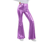 Metallic Glänzend Schlaghose Damen Glitzer Leggings Retro Disco Pants Hoher Bund Hippie Palazzo Hose Karneval Kostüm Jazz Tanzhose 70er 80er Dancewear Performance Fasching Party Club Rosa L