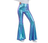 Metallic Glänzend Schlaghose Damen Glitzer Leggings Retro Disco Pants Hoher Bund Hippie Palazzo Hose Karneval Kostüm Jazz Tanzhose 70er 80er Dancewear Performance Fasching Party Club Blau S
