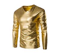 Metallic Shirt Herren Langarm ,Glitzer Oberteil Herren Roundhals,Glänzend Langarmshirt Herren Roundhals Muskelshirt Unterhemd 70er 80er Jahre Kostüm Disco Hemd Party Outfit Männer Karneval Kostüm