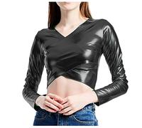Metallic T Shirt Damen Glänzende Crop Tops Sexy Wetlook Bauchfreies Oberteile Leder Wickelshirt V Ausschnitt Kurzarm Basic Bandeau Top Tee Bühne Kostüm Party Oberteil für Damen