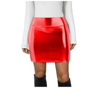 Metallischer Minirock Figurbetonter Wet-Look Minirock Stretch Kurz Hohe Taille Skinny Bleistiftröcke Bodycon Eng für Damen Business Freizeit Figurbetonte Röck Party Clubwear Glänzend (RD2, XL)