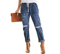 Metietila Damen Casual Pull on Distressed Stretch Jeans Schlupfhose Elastic Waist Jeans Denim Jogginghose Jeanshosen, Denim Blau, M