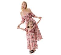 Meufam Family Outfits Sommerkleider Schulterfreies Chiffonkleid Mutter und Tochter Damen Kleider Blumenmuster Mädchen Strand Kleid （Damen，M）