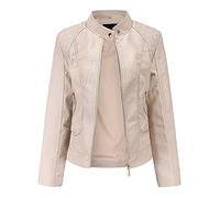 Meufam Kurze Jacke Damen Kunstlederjacke Bikerjacke mit Reißverschluss Lederjacke Frauen mit Zip Herbst Frühling Kunstleder Motorradjacke (Beige, M)