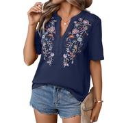 Mexikanische Hemden für Damen, bestickte Oberteile, traditionelle Sommerbluse, Blumen-Tunika, V-Ausschnitt, kurzärmeliges T-Shirt, Dunkelblau, X-Groß
