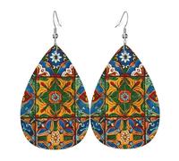 Mexikanische Keramikfliesen-Ohrringe für Frauen, tropfenförmige Leder-Ohrringe, doppelseitig, baumelnd, leicht, Damen-Ohr-Accessoires, Schmuck, modisches Geburtstagsgeschenk