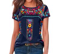 Mexikanisches Damen-Top, bestickt, kurzärmelig, Fiesta-Hemden, Blumenblusen, Schößchen, Tops, Pullover, Kleidung, Dunkelblau, X-Groß