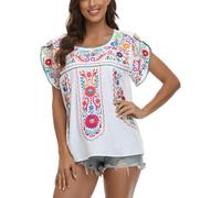 Mexikanisches Oberteil für Damen, bestickte Hemden, traditionelle Sommer-Tunika, Rundhalsausschnitt, Fiesta-Bluse, Weiss/opulenter Garten, 3X-Groß