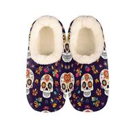 Mexpekil Damen Herren Hausschuhe Day Of The Dead Sugar Skull Floral Slippers Soft Warm Fluffy House Slipper Boots Rutschfeste Winter Fußwärmer Geschenke für Mama Papa Damen Mädchen Jungen Größe 37-45