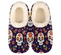 Mexpekil Damen Herren Hausschuhe Day Of The Dead Sugar Skull Floral Slippers Soft Warm Fluffy House Slipper Boots Rutschfeste Winter Fußwärmer Geschenke für Mama Papa Damen Mädchen Jungen Größe 37-45