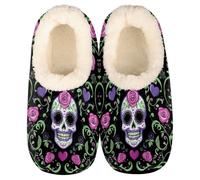 Mexpekil Damen Herren Hausschuhe Sugar Skull Day Of The Dead Blumen Hausschuhe Weiche Warme Flauschige Haus Slipper Stiefel Rutschfeste Winter Fußwärmer Geschenke für Mama Papa Damen Mädchen Jungen