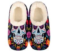Mexpekil Damen Herren Hausschuhe Sugar Skulll Day Of The Dead Muster Hausschuhe Weiche Warme Flauschige Haus Slipper Stiefel Rutschfeste Winter Fußwärmer Geschenke für Mama Papa Damen Mädchen Jungen