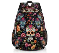 Mexpekil Day of the Dead Sugar Skulll Pattern Flower School Backpack Large School Bag for Girls Boys Kids Waterproof Laptop Backpack for Women Men Lightweight Hiking Travel Backpack 17 Inch
