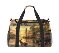 Mexpekil Reisetasche, Motiv: Herbst, Wald, Fluss, Vögel, Hirsch, Handgepäcktasche für Damen und Herren, Sport, Fitnessstudio, Duffel, leicht, Wochenendtasche, Übernachtungstasche mit Schultergurt