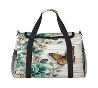 Mexpekil Reisetasche, rustikal, blaugrün, Blume, Schmetterling, Vintage, Braun, Holz-Tragetasche, Tragetasche für Damen und Herren, Sport, Fitnessstudio, Duffel, leicht, Wochenendtasche