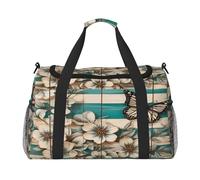 Mexpekil Reisetasche, Vintage-Stil, Blaugrün, Holz, Borad, Blumenmuster, Schmetterling, Blume, Handgepäcktasche für Damen und Herren, Sport, Fitnessstudio, Duffel, leicht, Wochenendtasche