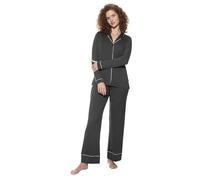 Mey Damen Schlafanzug lang 2-teilig Serie Pure Chic | Pyjama, Legere Passform, Durchgeknöpftes Shirt mit Reverskragen, Helle Paspellierung, Seitlicher Schlitz, Gr. XS-XXL