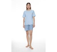 Mey Shorty "Flower Meadow" 2 tlg. Rundhalsausschnitt, kurzärmlig, Oberteil uni, Hose gemustert (39737044-40) blau silk