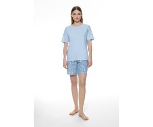 Mey Shorty "Flower Meadow" 2 tlg. Rundhalsausschnitt, kurzärmlig, Oberteil uni, Hose gemustert (39737044-40) blau silk