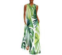 MGDIFYXAA Damen Große Größen Sommerkleid, Ärmelloses Maxikleid mit Aquarell Print, Leicht und Luftig, Tropische Blätter Lockeres Strandkleid mit Taschen, Freizeitkleid für Urlaub und Sommer 3XL