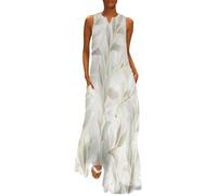 MGDIFYXAA Damen Große Größen Sommerkleid, Ärmelloses Maxikleid mit Aquarellpflanzen Print, Leicht und Luftig, Weidenblätter Lockeres Strandkleid mit Taschen, Freizeitkleid für Urlaub und Sommer 5XL