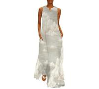MGDIFYXAA Damen Große Größen Sommerkleid, Ärmelloses Maxikleid mit Einfach Print, Leicht und Luftig, Weiße Wolken Lockeres Strandkleid mit Taschen, Freizeitkleid für Urlaub und Sommer 4XL