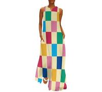 MGDIFYXAA Damen Große Größen Sommerkleid, Ärmelloses Maxikleid mit Geometrie Print, Leicht und Luftig, Retro-Karo Lockeres Strandkleid mit Taschen, Freizeitkleid für Urlaub und Sommer 3XL