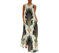 MGDIFYXAA Damen Große Größen Sommerkleid Lang, Ärmelloses Maxikleid mit Künstlerischer Stil-Print, Leicht und Luftig, Lockeres Strandkleid mit Taschen, Freizeitkleid für Urlaub und Sommer 3XL