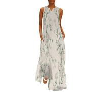 MGDIFYXAA Große Größen Sommerkleid Damen, Maxikleid Ärmellos mit Einfache Pflanzen Print, Leicht und Luftig,Kleine Blumenranke Lockeres Strandkleid im Tanktop-Stil, Freizeitkleid für Urlaub 5XL