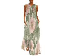 MGDIFYXAA Große Größen Sommerkleid Damen, Maxikleid Ärmellos mit Elegante Blumen Print, Leicht und Luftig,Rosa Wildrosen Lockeres Strandkleid im Tanktop-Stil, Freizeitkleid für Urlaub 5XL