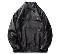MGDIFYXAA Herren Lederjacke - Vintage-Stil Herren-Motorrad-Pilotenjacke aus Kunstleder, lockere Passform, lässige Szene, einfarbig, Reversjacke für Herren, Schwarz, XXL