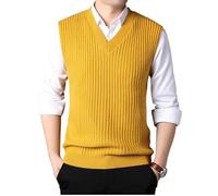 MGDIFYXAA Herren Pullunder Strickweste - Mode V-Ausschnitt Strickpullover Street Gestreiften Männer Pullover Weste Ärmellos Casual Herren Kleidung Gelb L