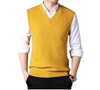 MGDIFYXAA Herren Pullunder Strickweste - Mode V-Ausschnitt Strickpullover Street Gestreiften Männer Pullover Weste Ärmellos Casual Herren Kleidung Gelb L