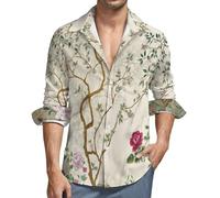 MGDIFYXAA Langarmhemd Herren Klassisch Collar Button Down Langarm Beige Freizeithemd Formelle Party Prom Concert Extra Large Chinesische Blumenzweige Businesshemden mit Taschen 7XL