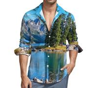 MGDIFYXAA Langarmhemd Herren Klassisch Collar Button Down Langarm Blau Freizeithemd Formelle Party Prom Concert Extra Large Berg- Und Flusslandschaft Businesshemden mit Taschen 4XL