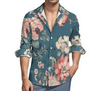MGDIFYXAA Langarmhemd Herren Klassisch Collar Button Down Langarm Dunkelblau Freizeithemd Formelle Party Prom Concert Extra Large Retro-Pfingstrosenpflanze Businesshemden mit Taschen 7XL