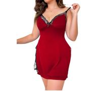 MGDIFYXAA Plus Size Damen Nachthemd Mit Tiefem V-Ausschnitt, Spitzenschlitz, Ärmellos, Rückenfrei, Übergröße, Sexy Schlafshirt, Rot, XL
